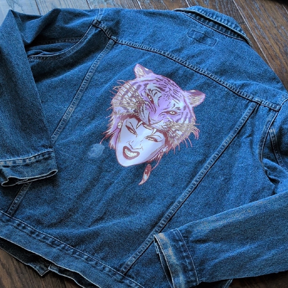 P!NK I Collectible Pink Tiger Head Blue Denim Jean Jacket with PINK Logo, XXL
